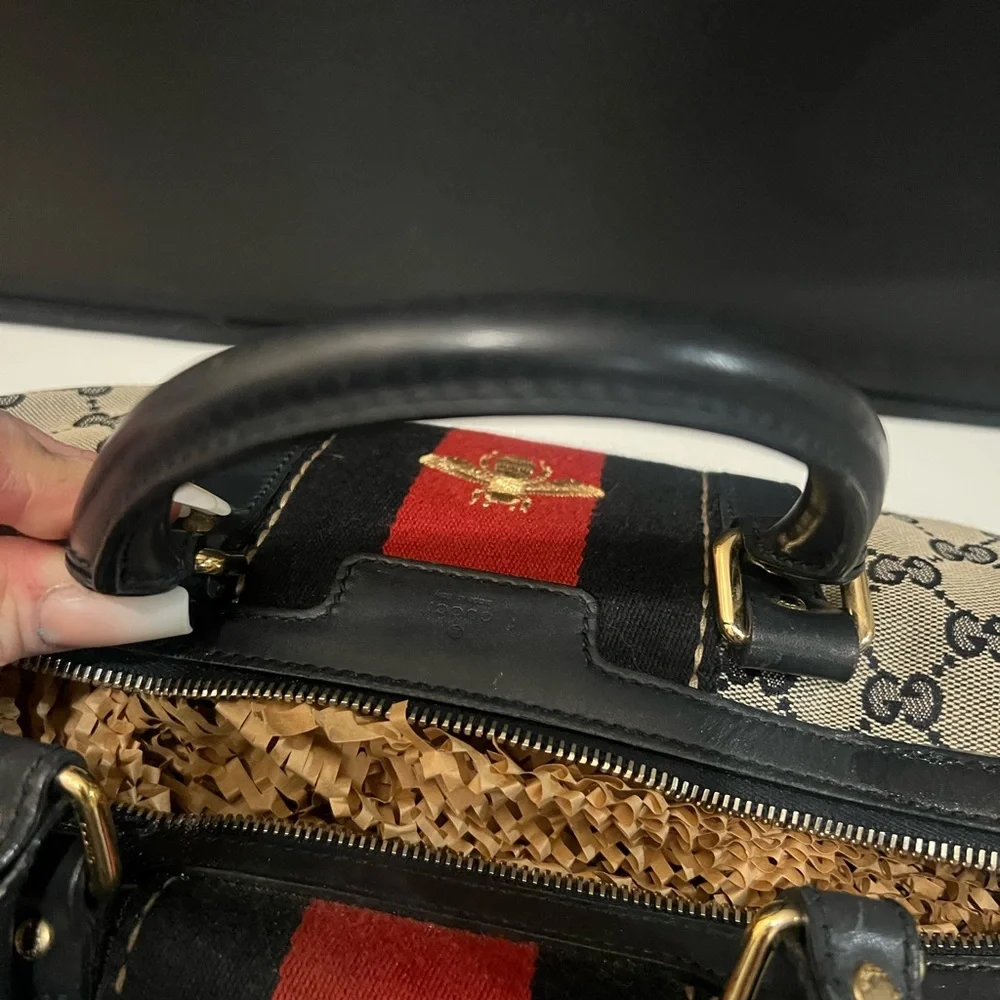 Gucci Beige GG Canvas Satchel with Red and Navy Web and Gold Bee - Picture 5 of 10